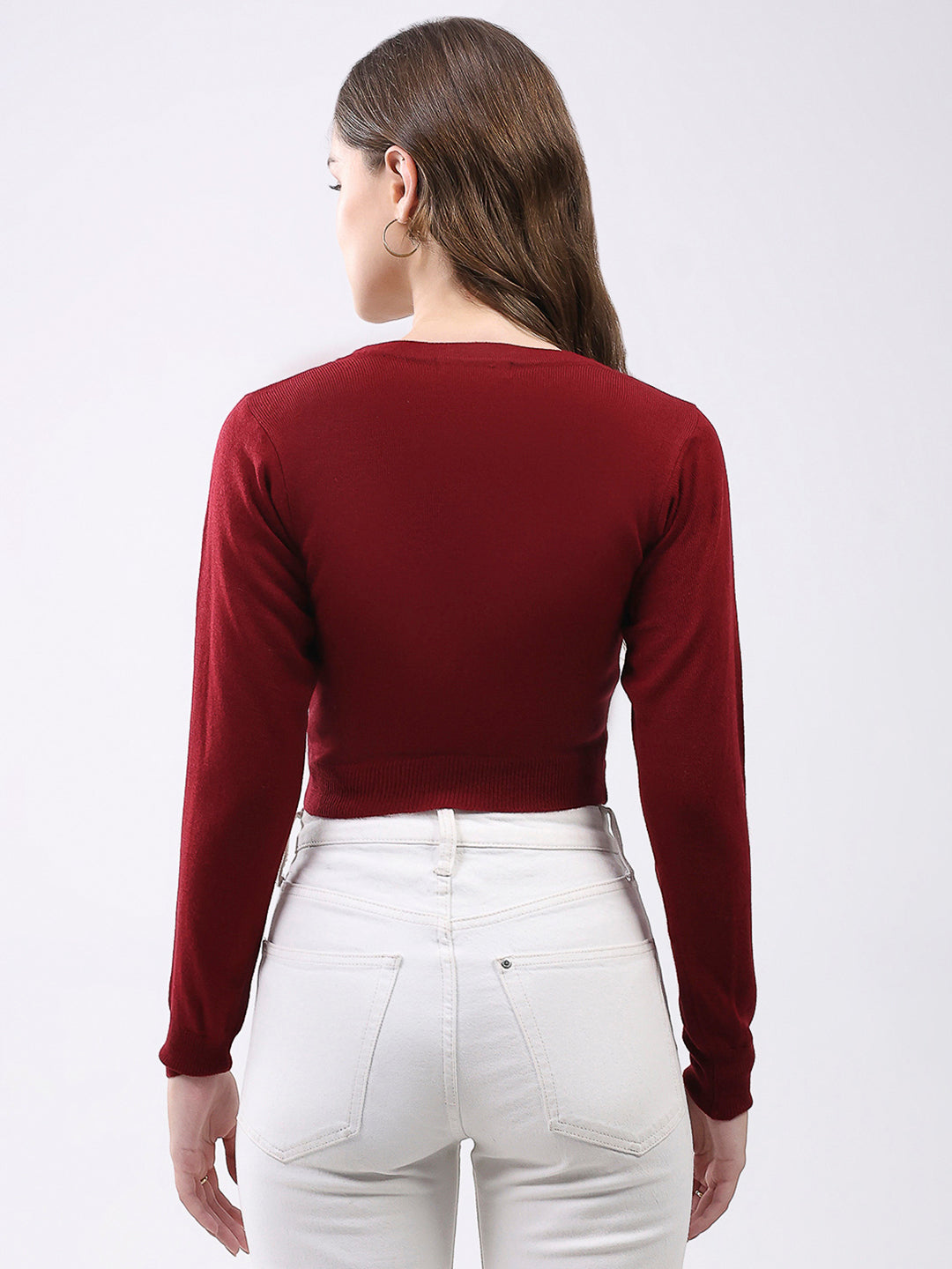 Women Maroon Solid V Neck Full Sleeve Cardigan