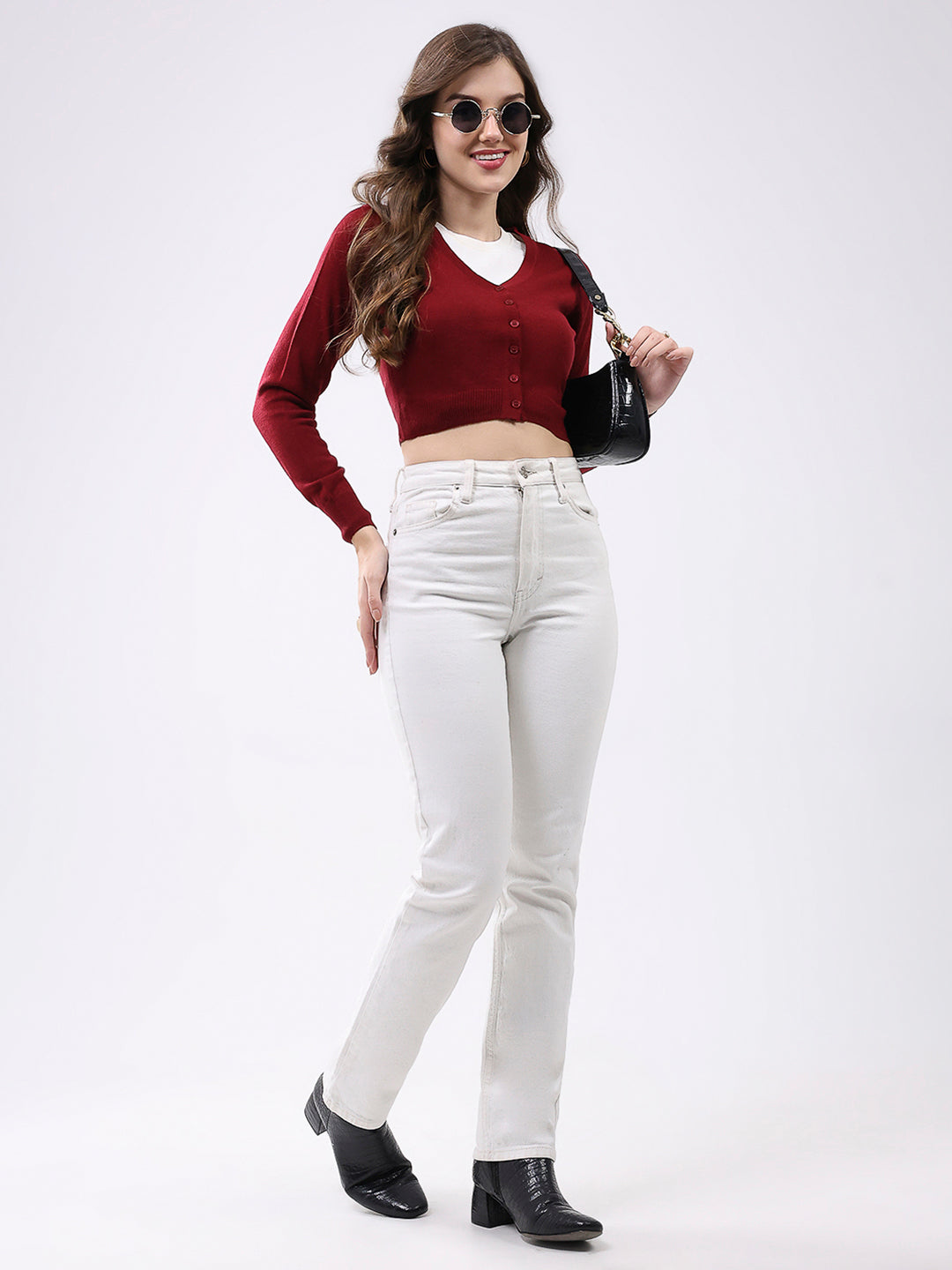 Women Maroon Solid V Neck Full Sleeve Cardigan