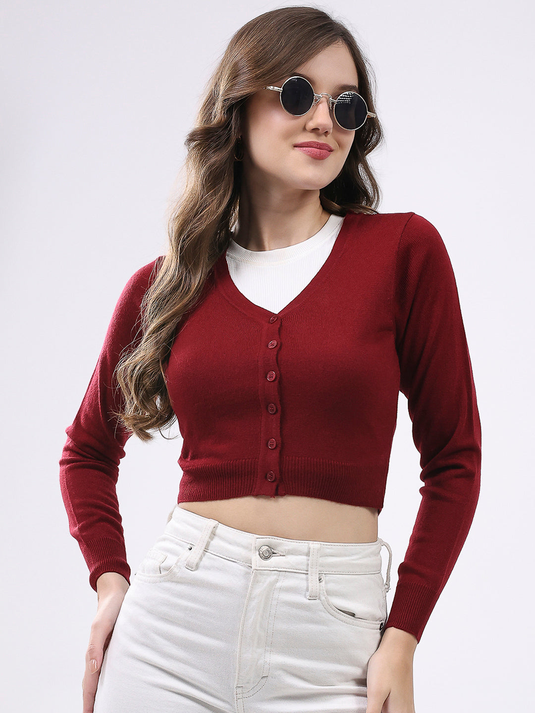 Women Maroon Solid V Neck Full Sleeve Cardigan