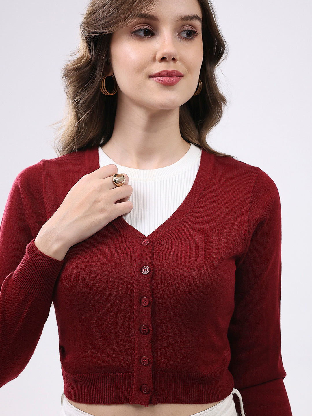 Women Maroon Solid V Neck Full Sleeve Cardigan