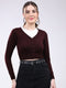 Women Maroon Solid V Neck Full Sleeve Cardigan