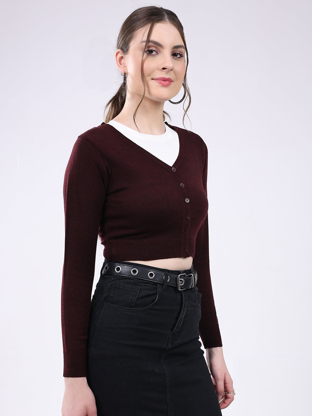 Women Maroon Solid V Neck Full Sleeve Cardigan