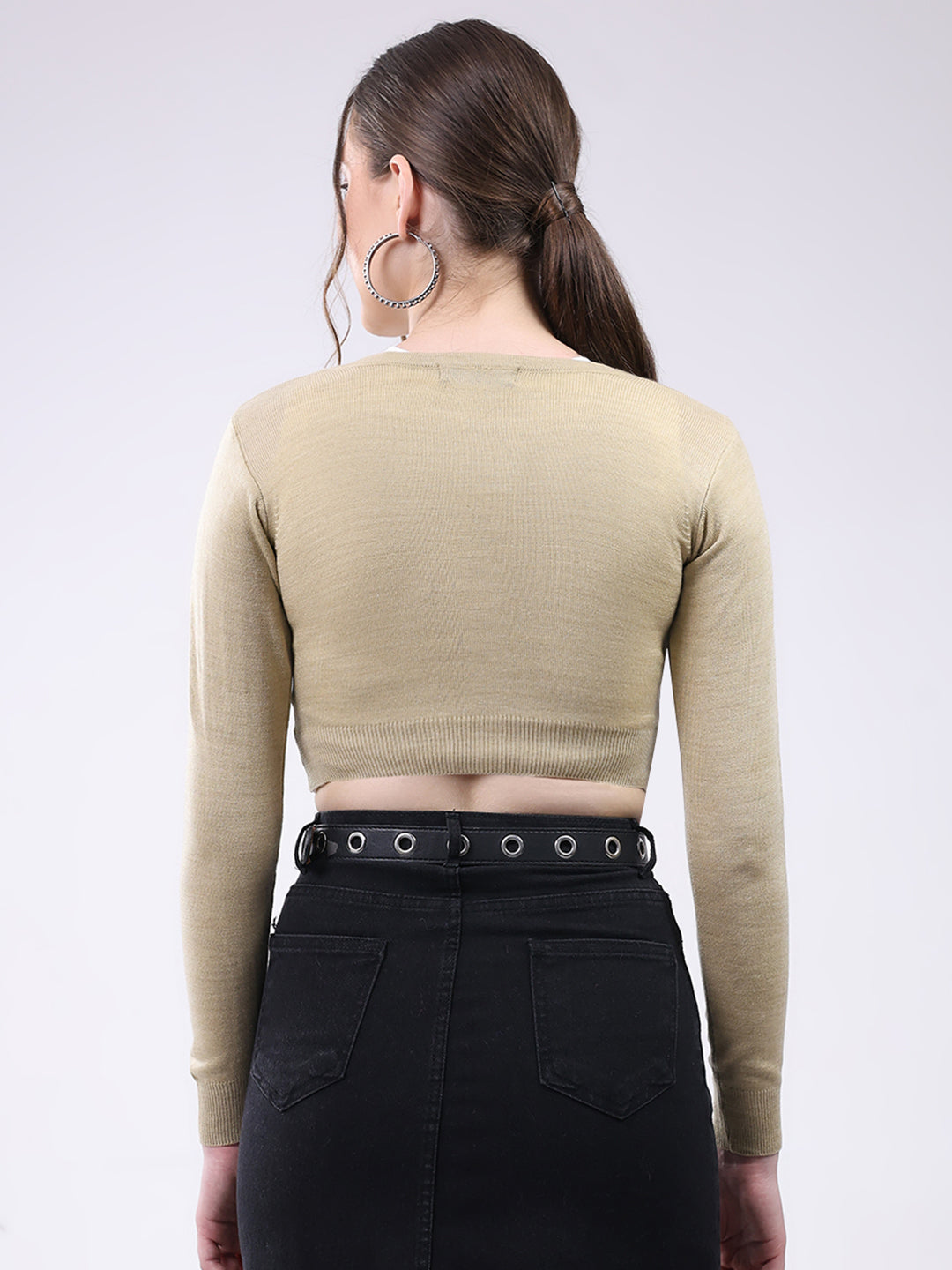 Women Beige Solid V Neck Full Sleeve Cardigan