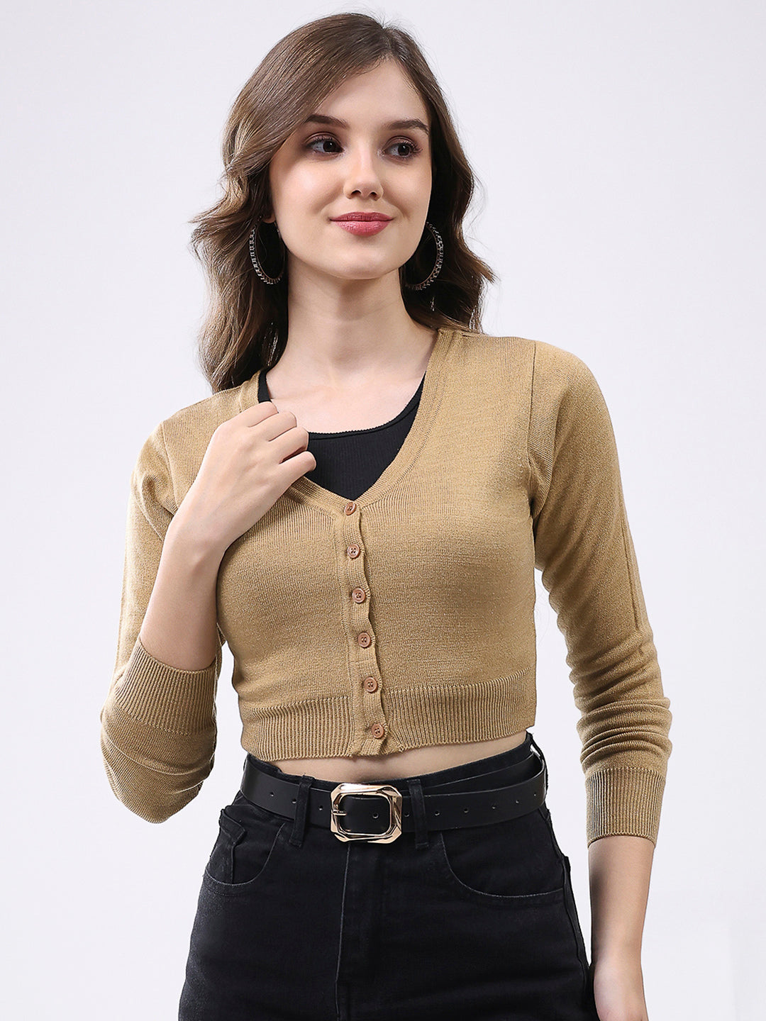 Women Khaki Solid V Neck Full Sleeve Cardigan