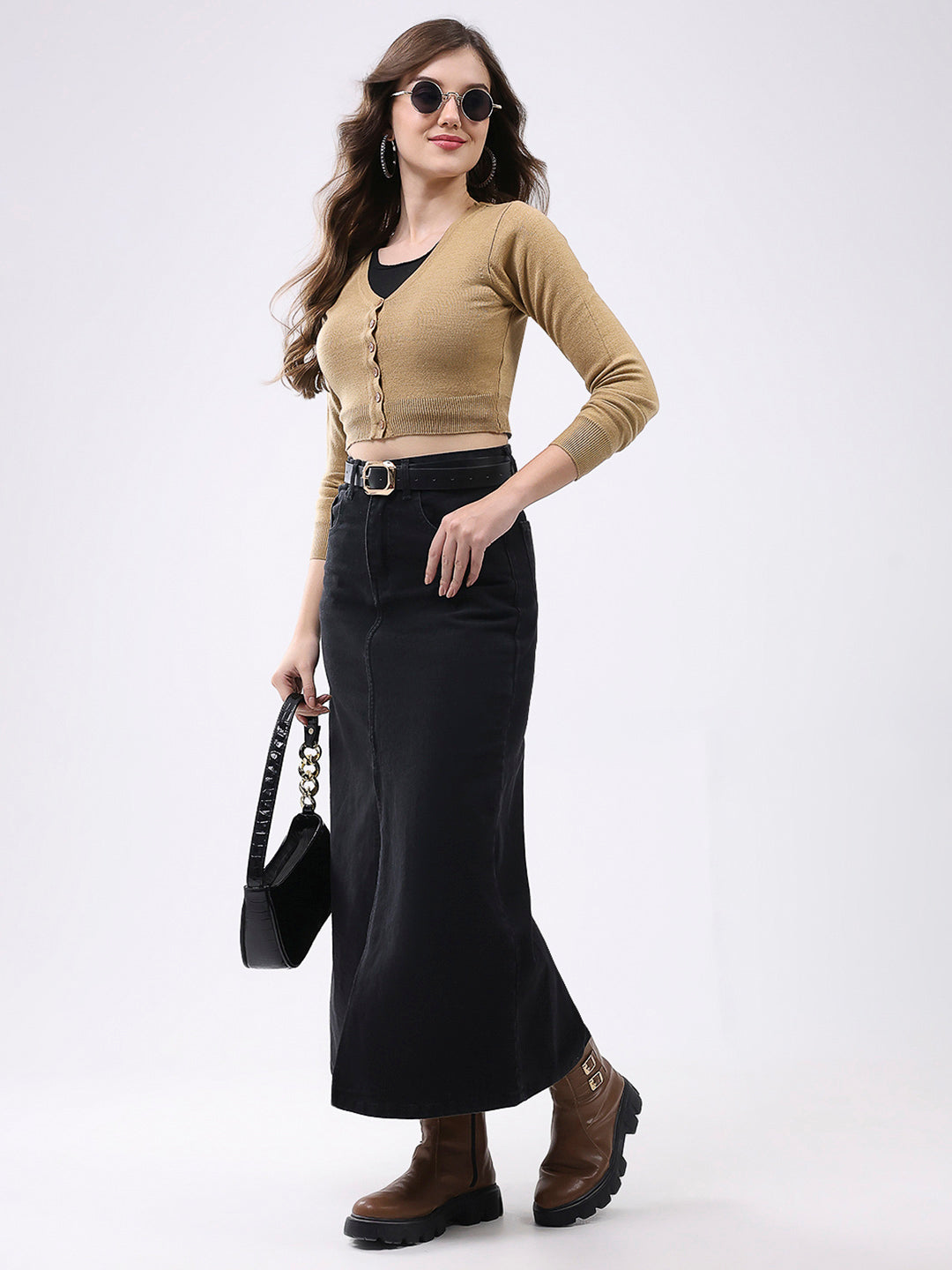 Women Khaki Solid V Neck Full Sleeve Cardigan