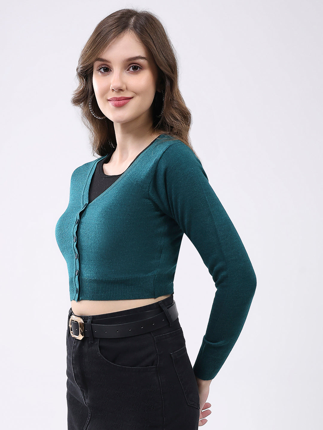 Women Green Solid V Neck Full Sleeve Cardigan