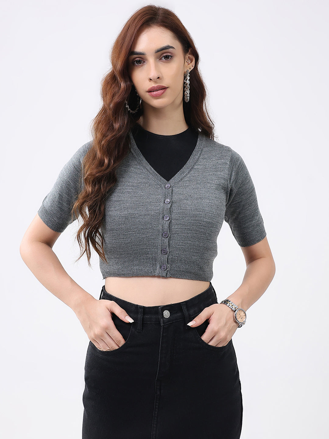 Women Grey Solid V Neck Half Sleeve Cardigan