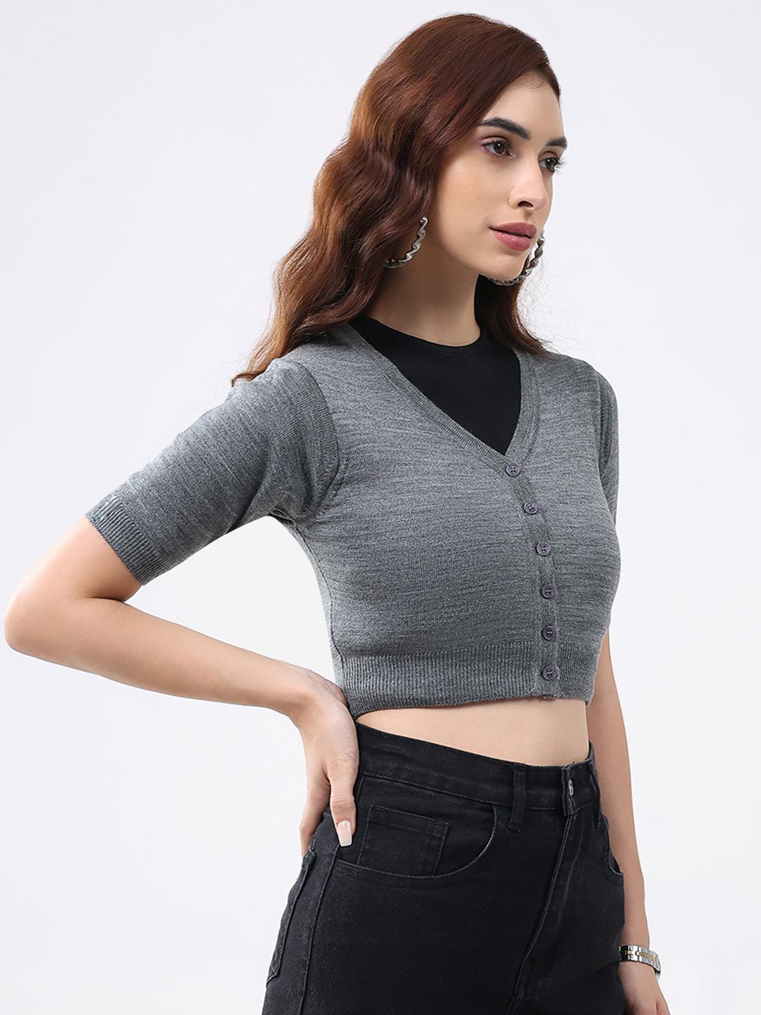 Women Grey Solid V Neck Half Sleeve Cardigan