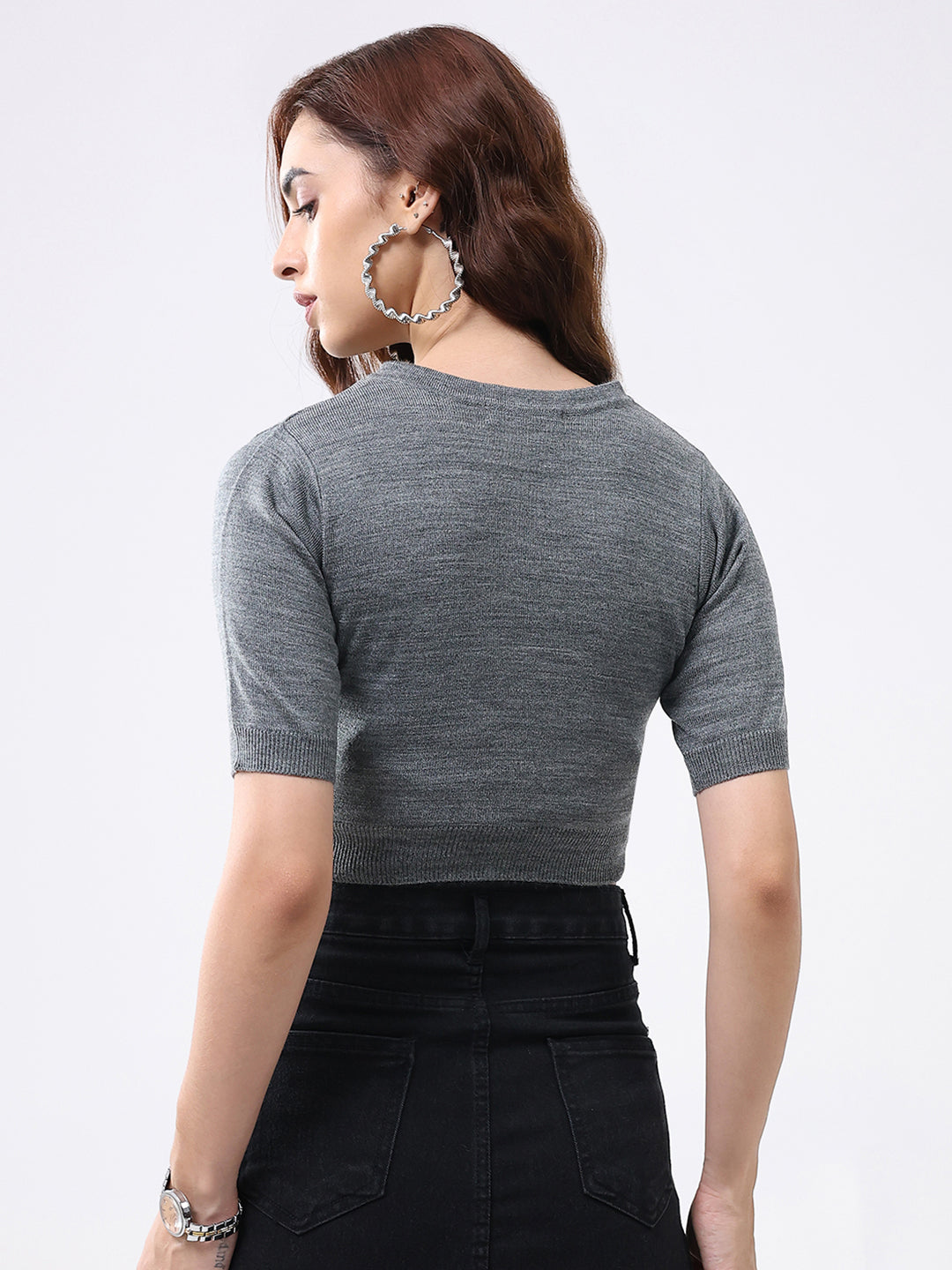 Women Grey Solid V Neck Half Sleeve Cardigan