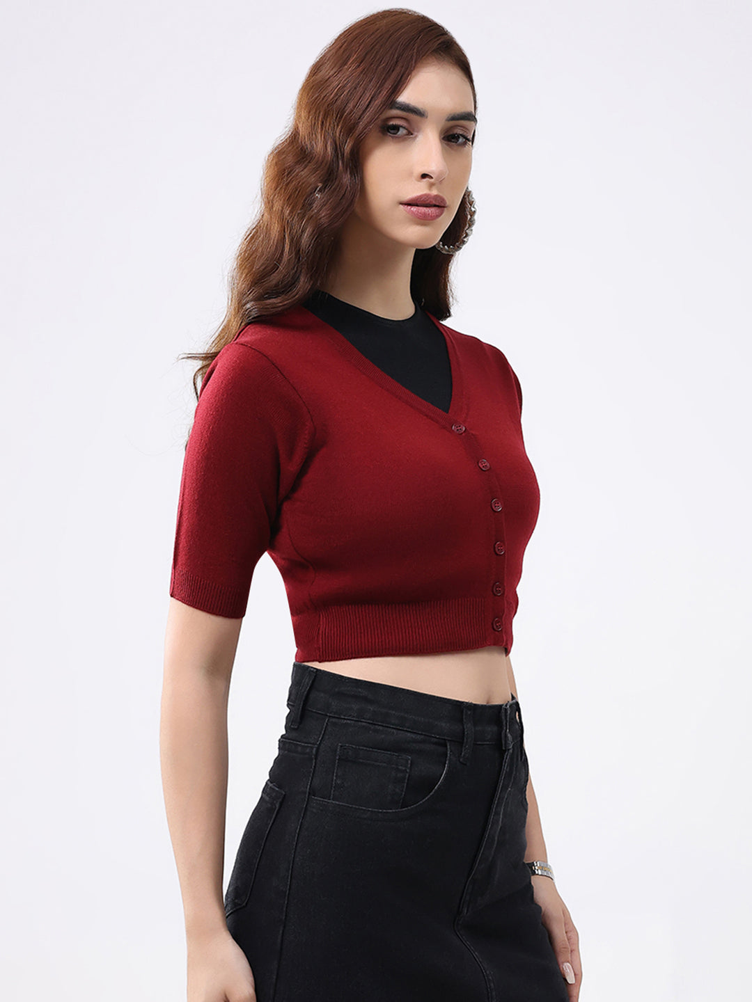 Women Maroon Solid V Neck Half Sleeve Cardigan