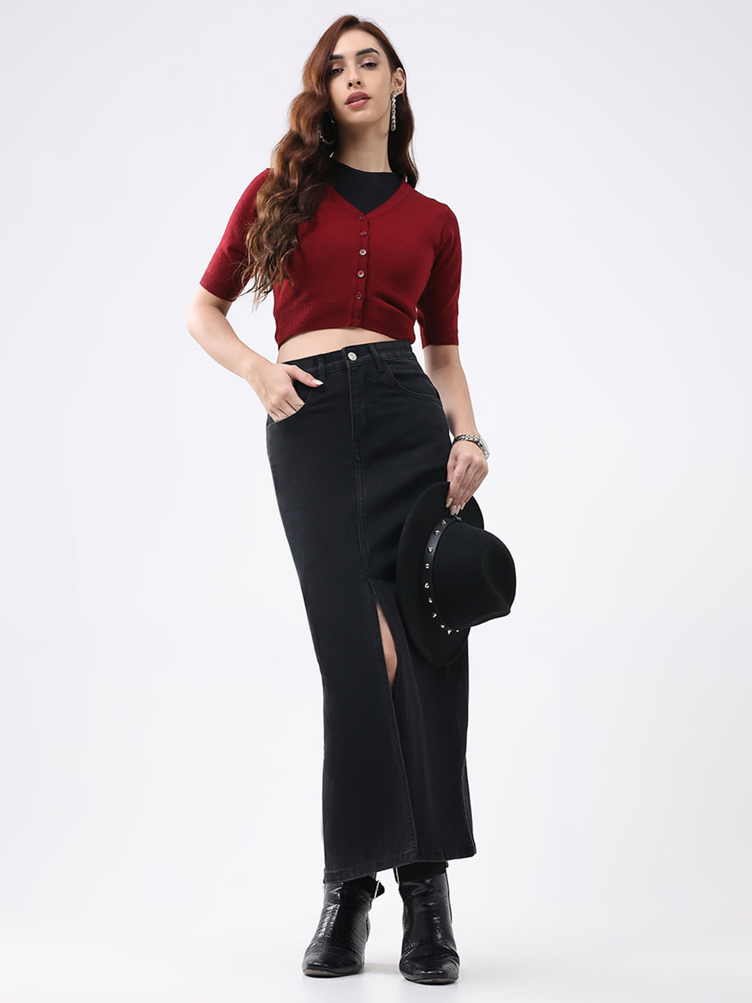 Women Maroon Solid V Neck Half Sleeve Cardigan