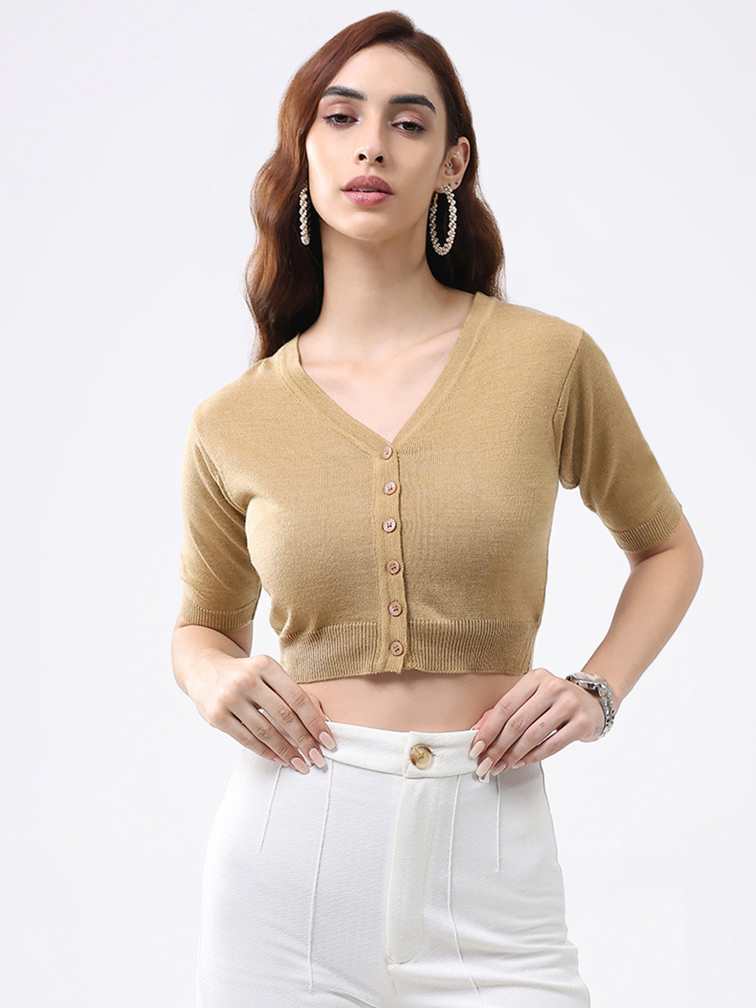 Women Khaki Solid V Neck Half Sleeve Cardigan