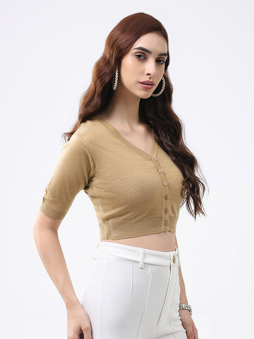 Women Khaki Solid V Neck Half Sleeve Cardigan