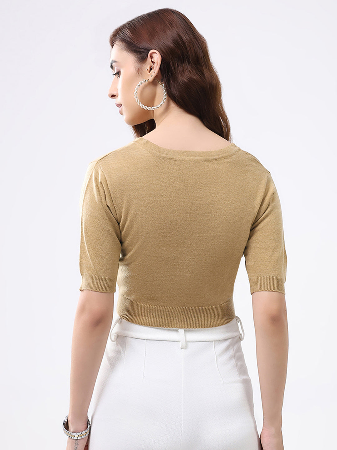 Women Khaki Solid V Neck Half Sleeve Cardigan