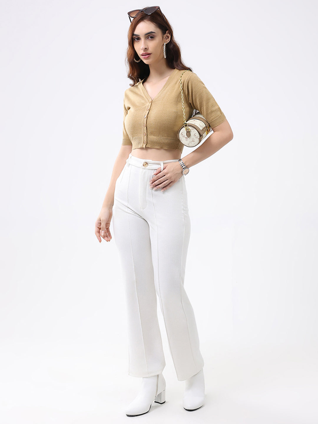 Women Khaki Solid V Neck Half Sleeve Cardigan