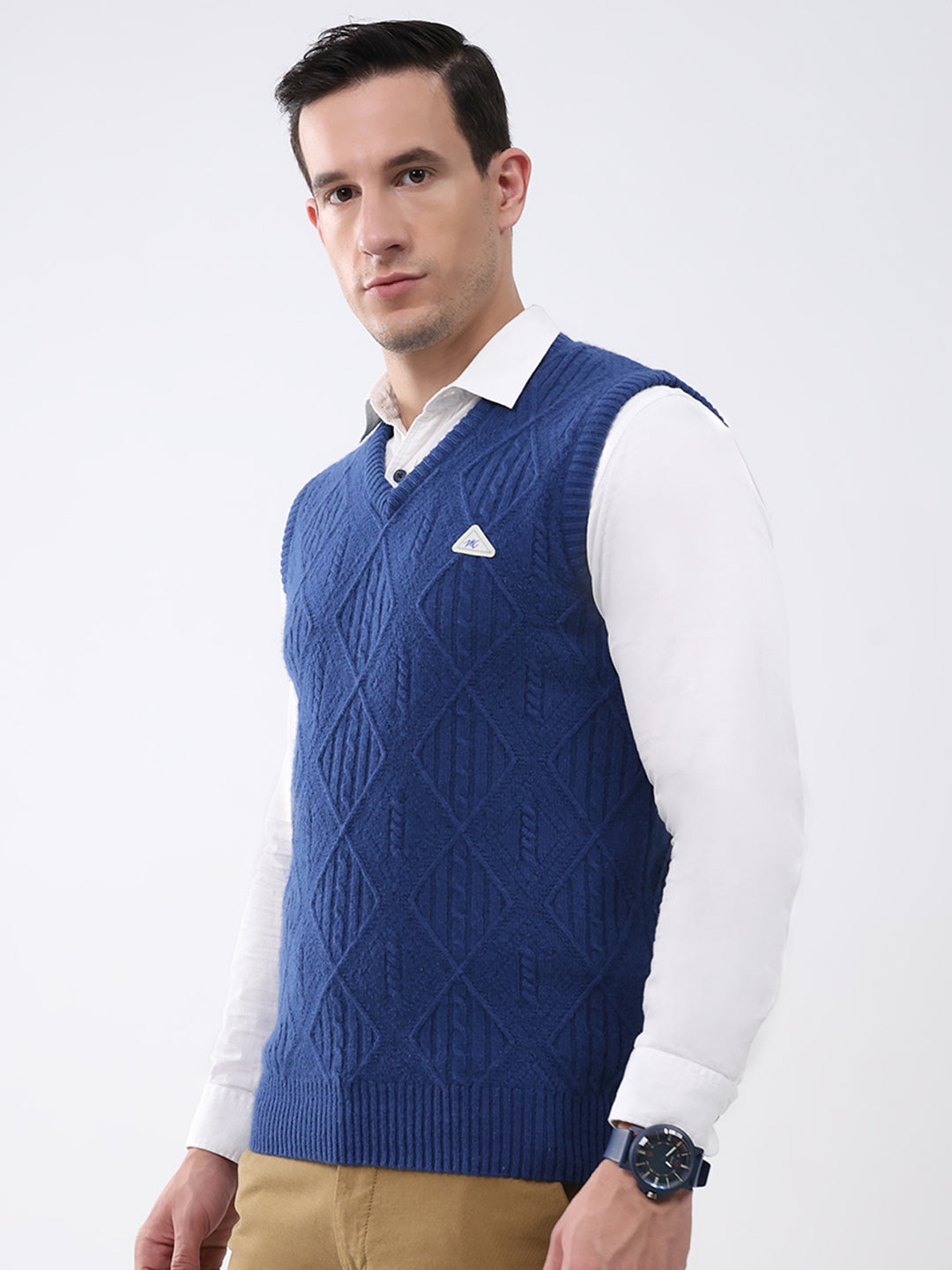Men Blue Self Design V Neck Sleeveless Sweater