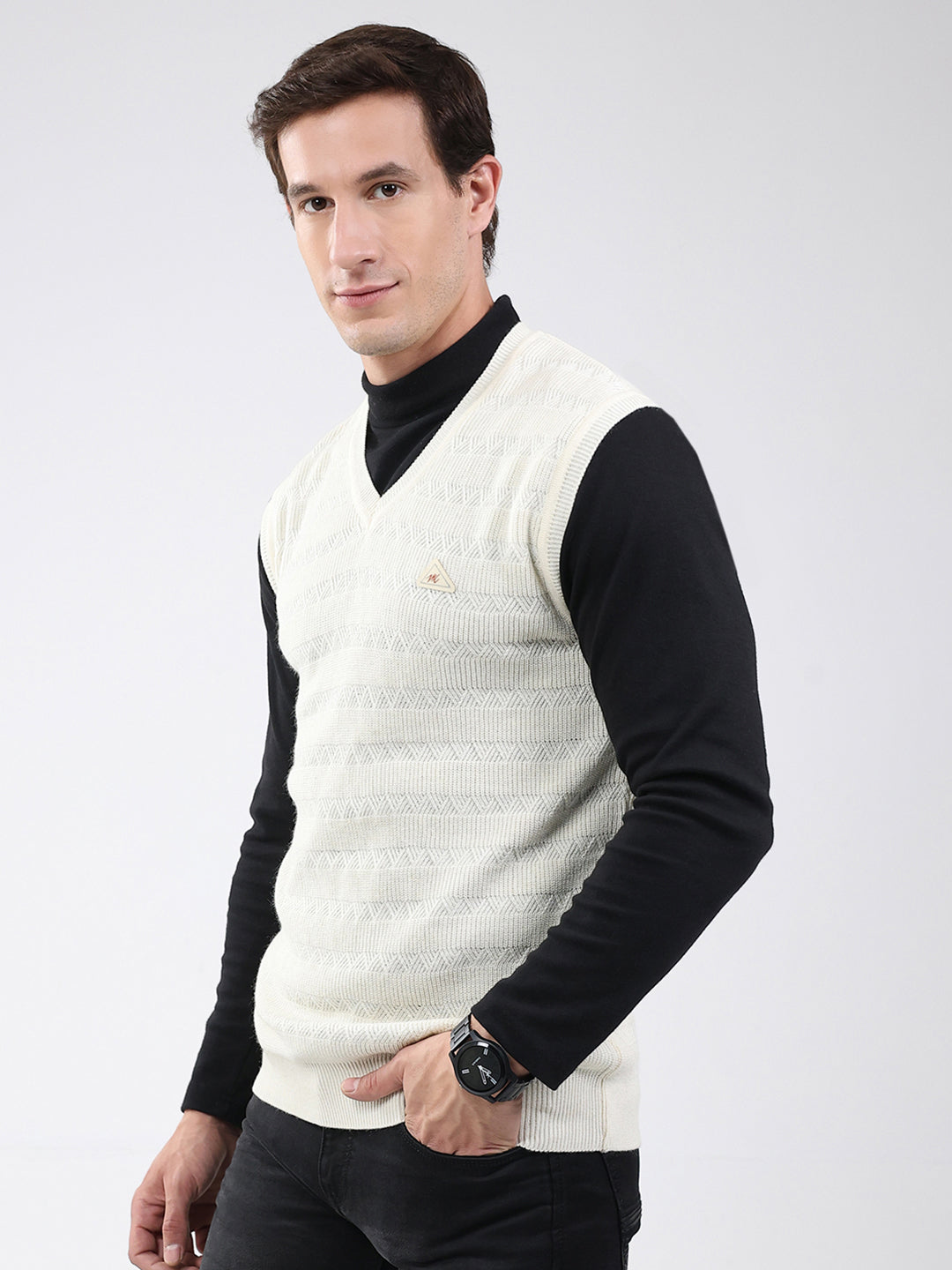 Men White Self Design V Neck Sleeveless Sweater