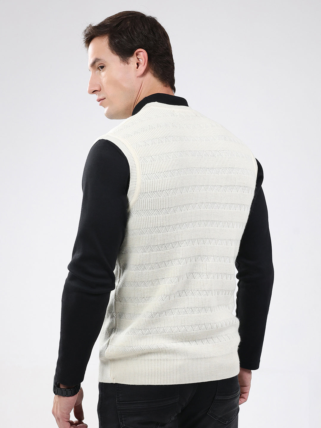 Men White Self Design V Neck Sleeveless Sweater