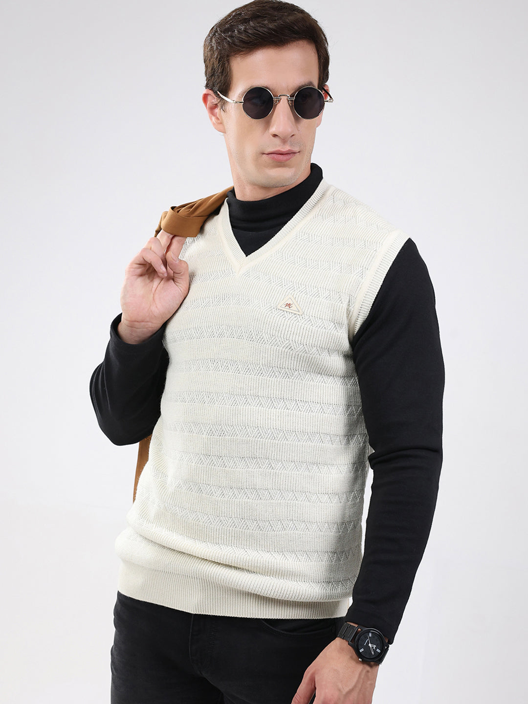 Men White Self Design V Neck Sleeveless Sweater