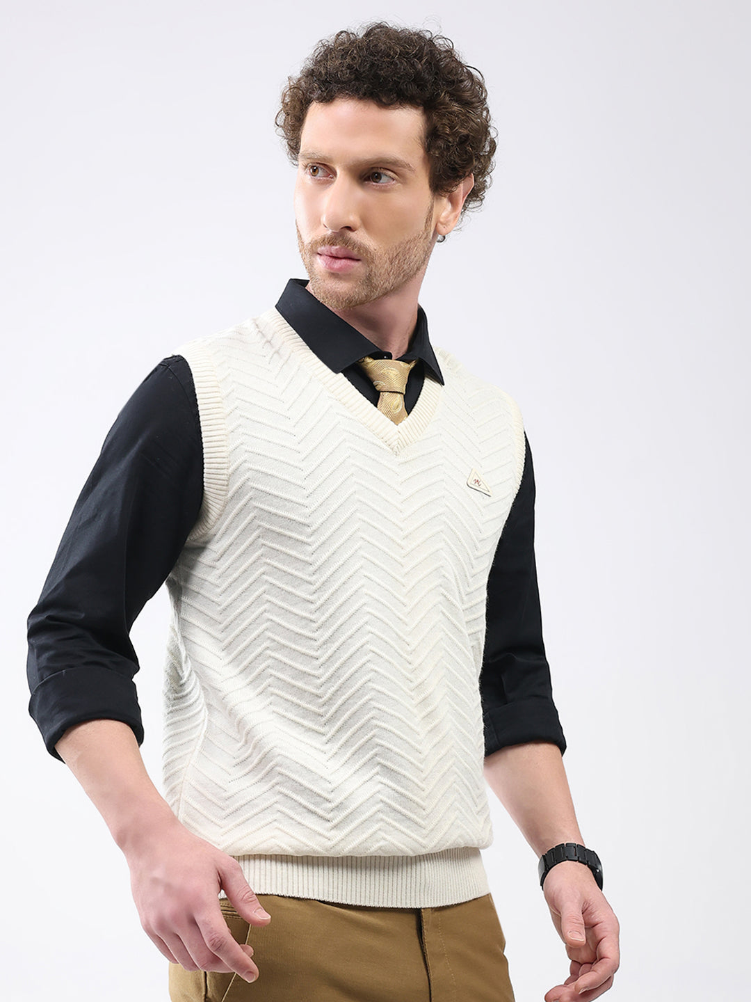 Men White Self Design V Neck Sleeveless Sweater