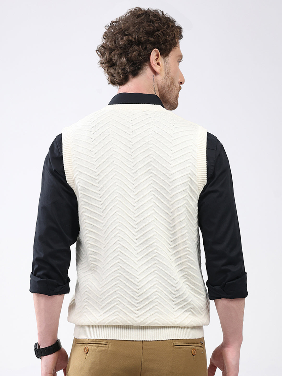 Men White Self Design V Neck Sleeveless Sweater