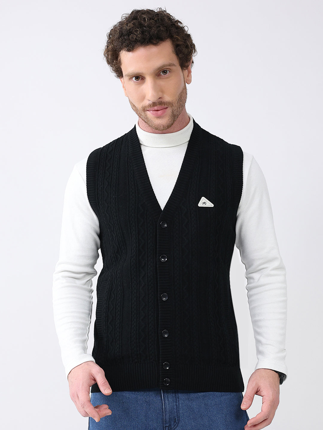 Men Black Self Design V Neck Sleeveless Cardigan