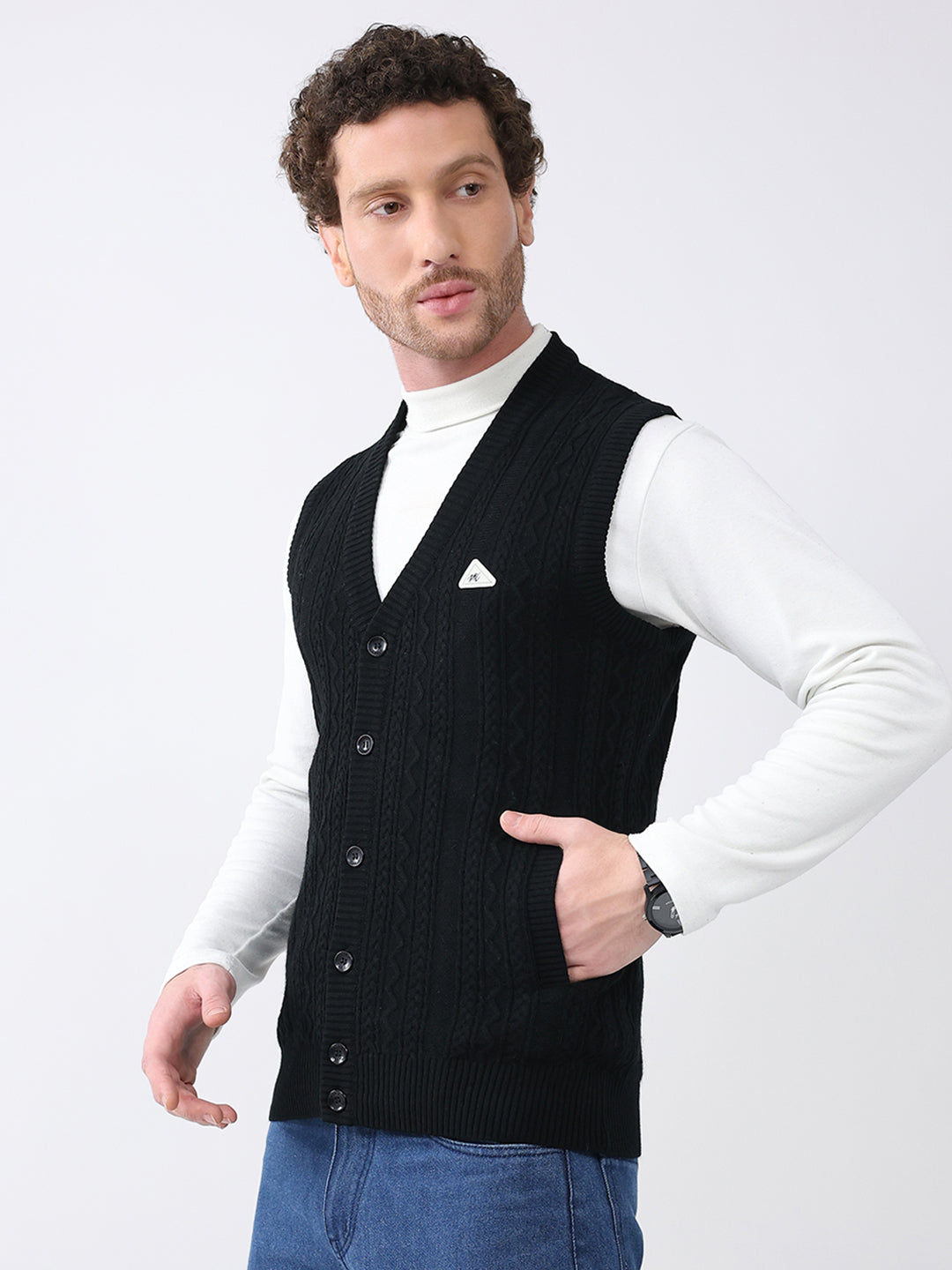 Men Black Self Design V Neck Sleeveless Cardigan