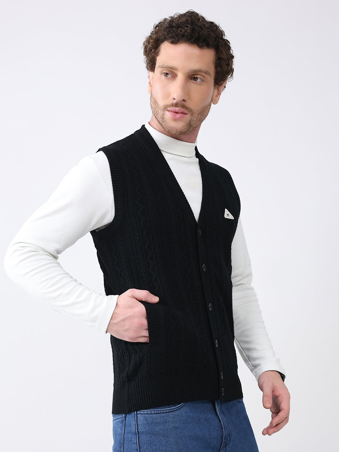 Men Black Self Design V Neck Sleeveless Cardigan