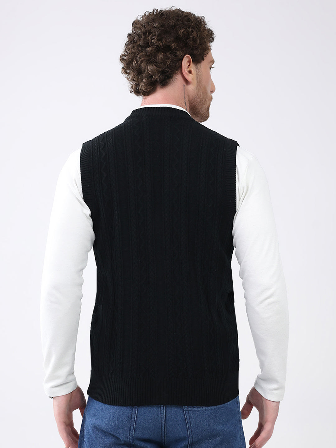 Men Black Self Design V Neck Sleeveless Cardigan