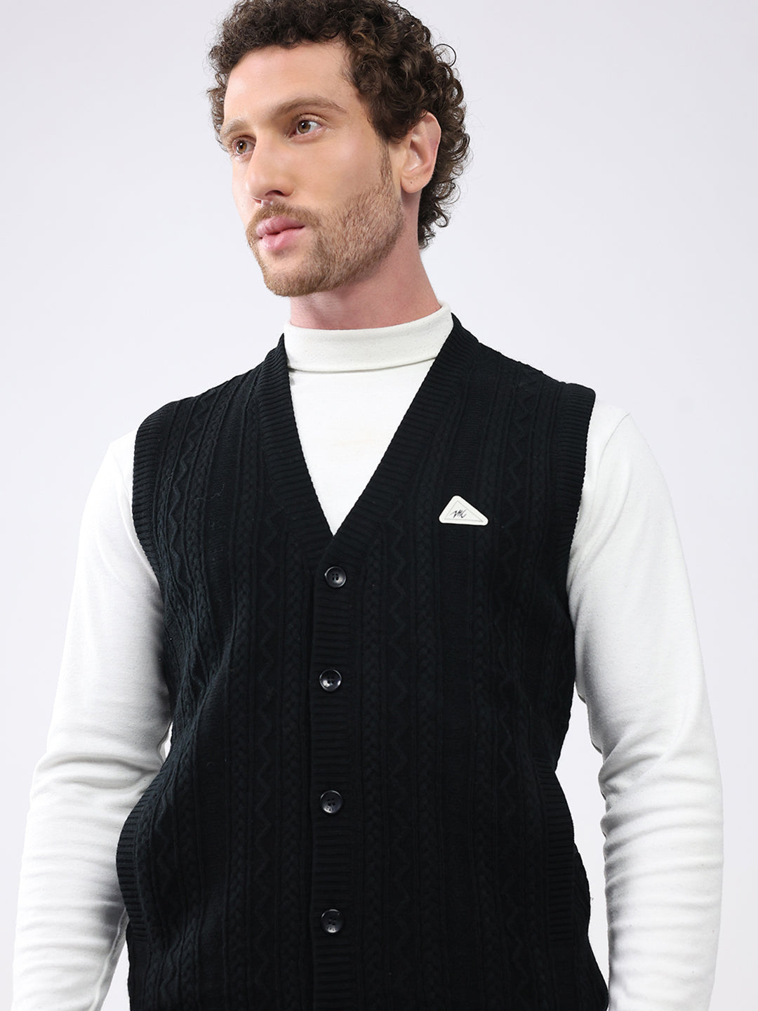 Men Black Self Design V Neck Sleeveless Cardigan