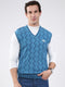 Men Blue Self Design V Neck Sleeveless Sweater