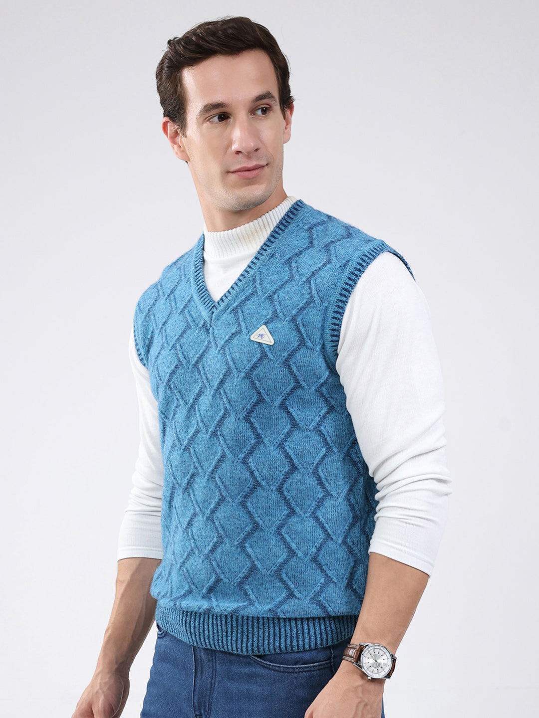 Men Blue Self Design V Neck Sleeveless Sweater
