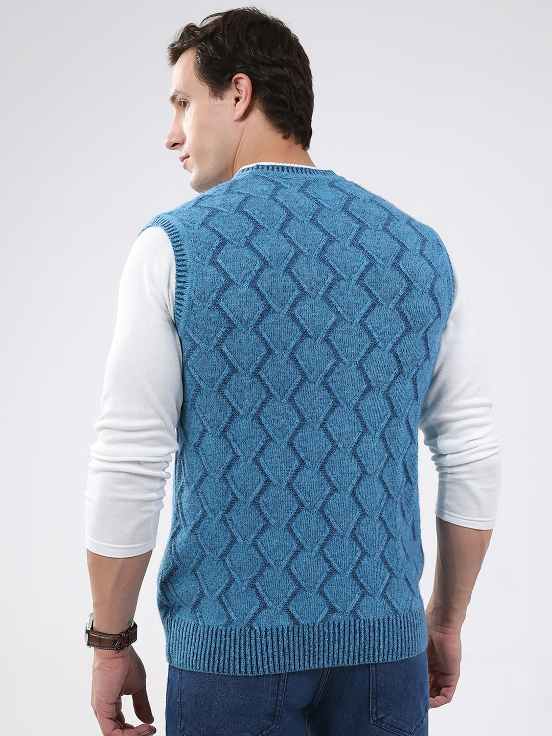 Men Blue Self Design V Neck Sleeveless Sweater