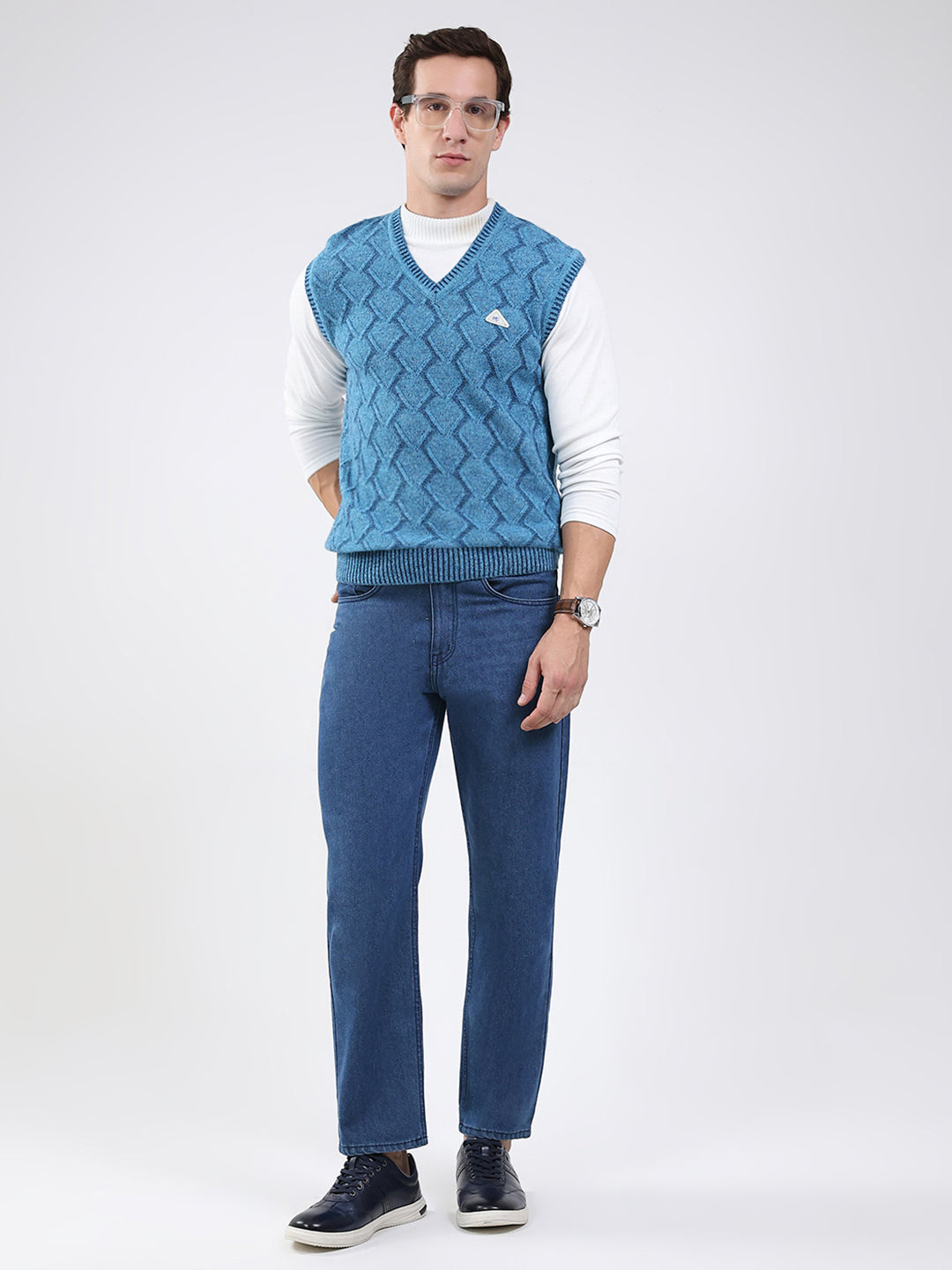 Men Blue Self Design V Neck Sleeveless Sweater