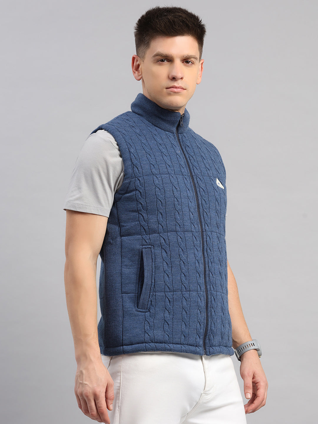 Men Blue Self Design Round Neck Sleeveless Jacket