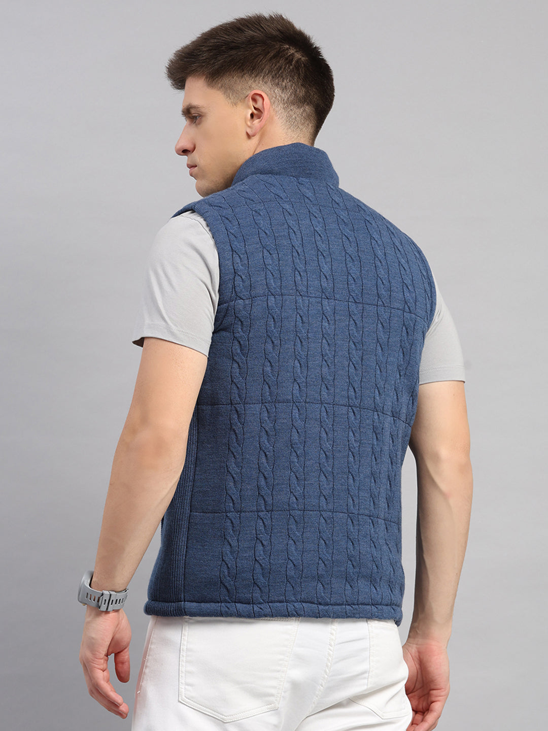 Men Blue Self Design Round Neck Sleeveless Jacket