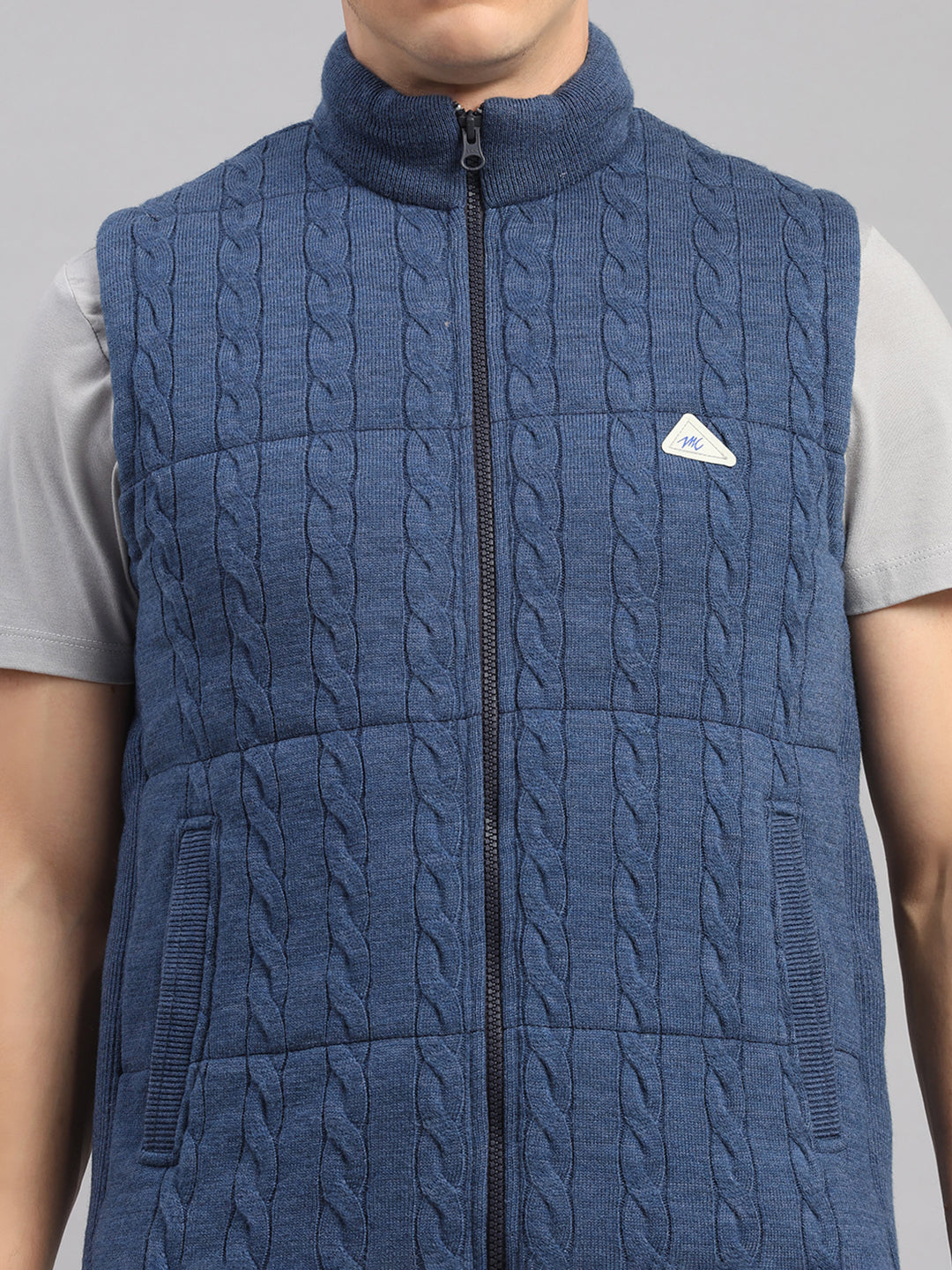 Men Blue Self Design Round Neck Sleeveless Jacket