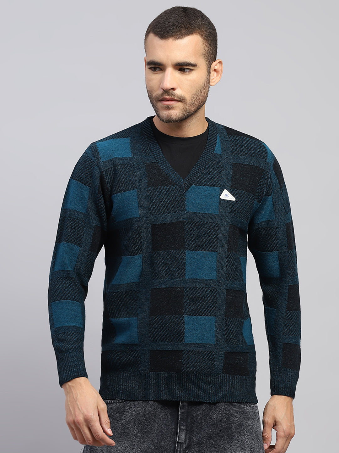 Men Blue Printed V Neck Full Sleeve Pullover