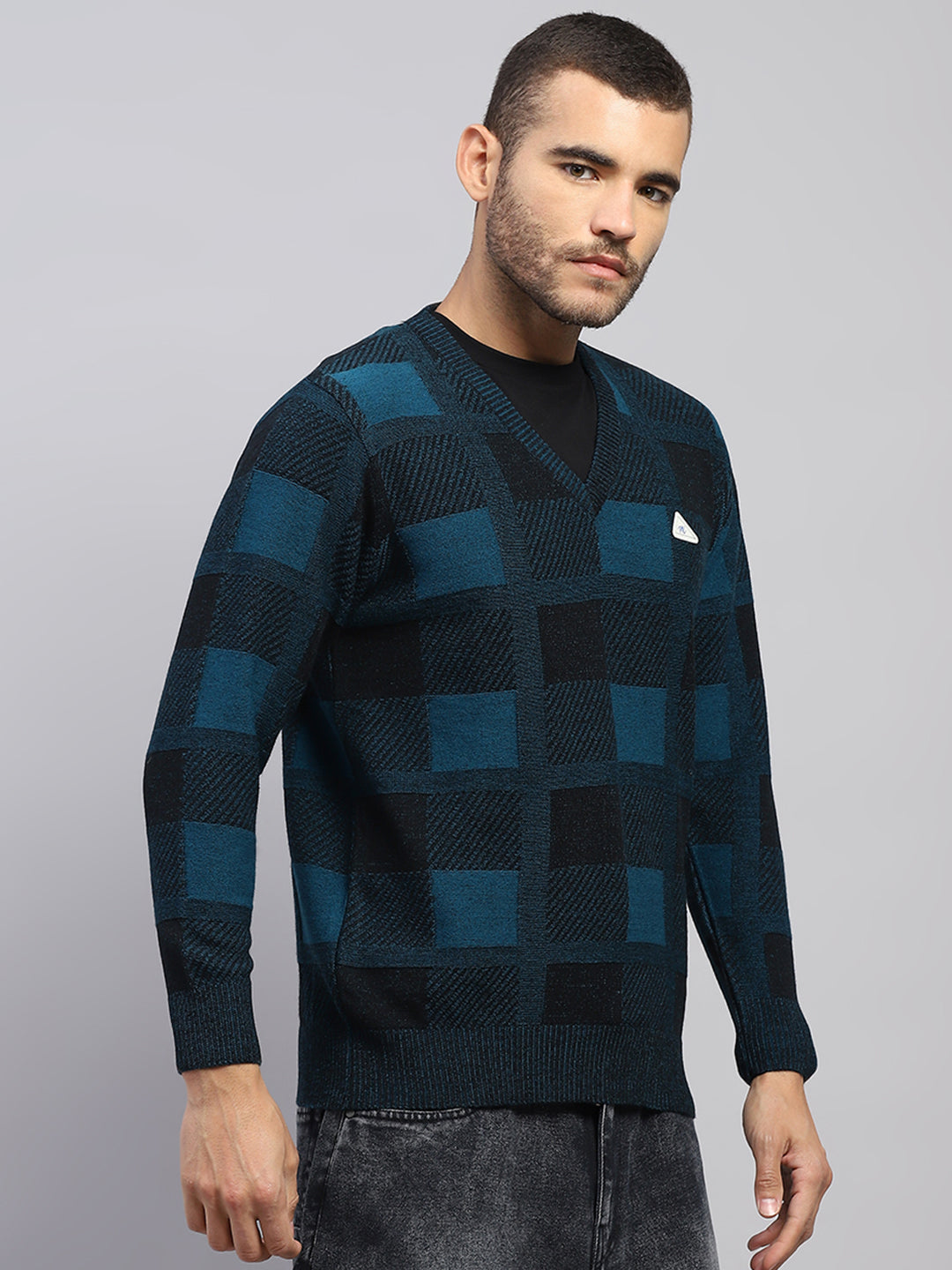 Men Blue Printed V Neck Full Sleeve Pullover