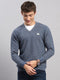 Men Blue Self Design V Neck Full Sleeve Pullover