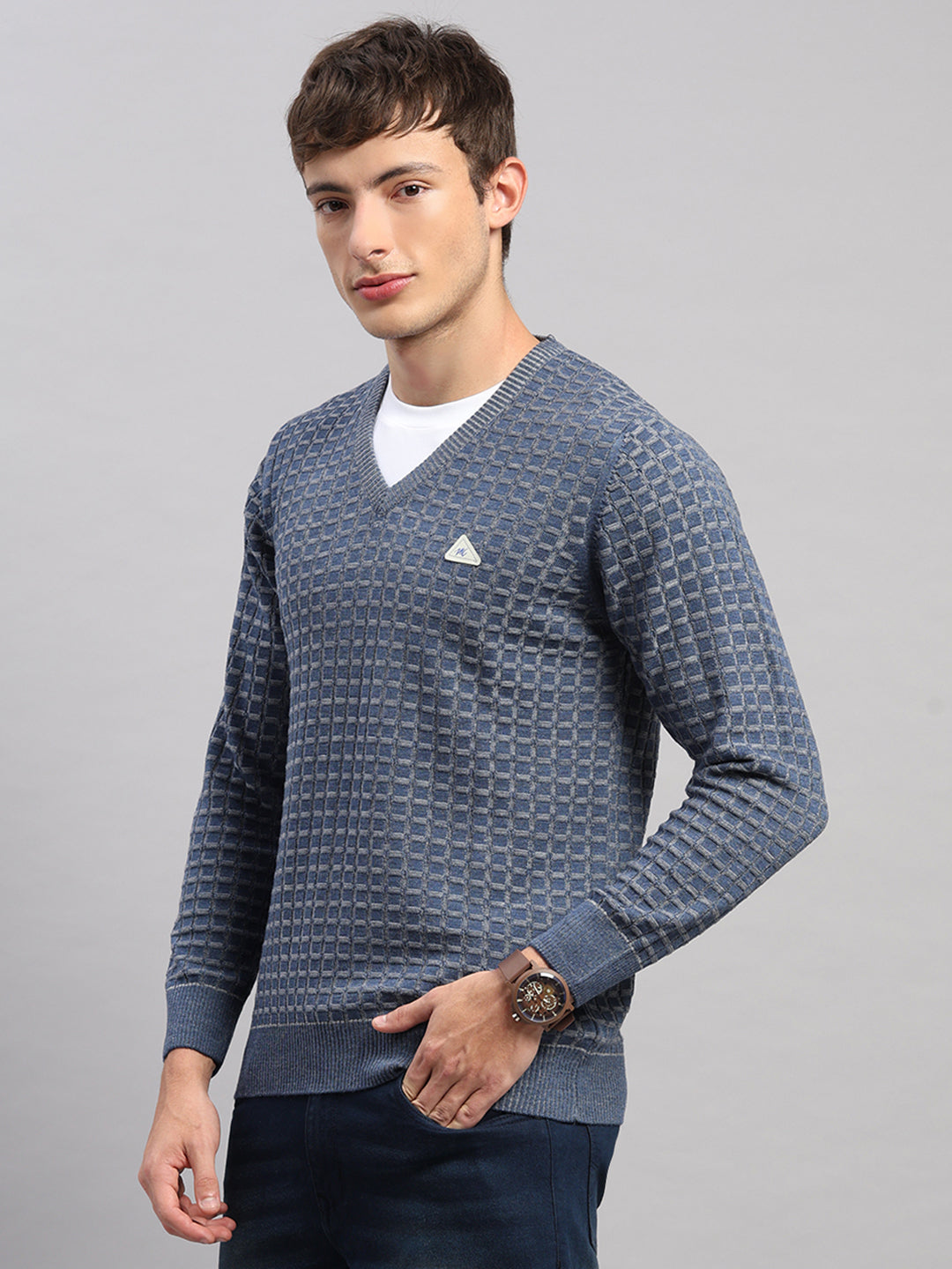 Men Blue Self Design V Neck Full Sleeve Pullover