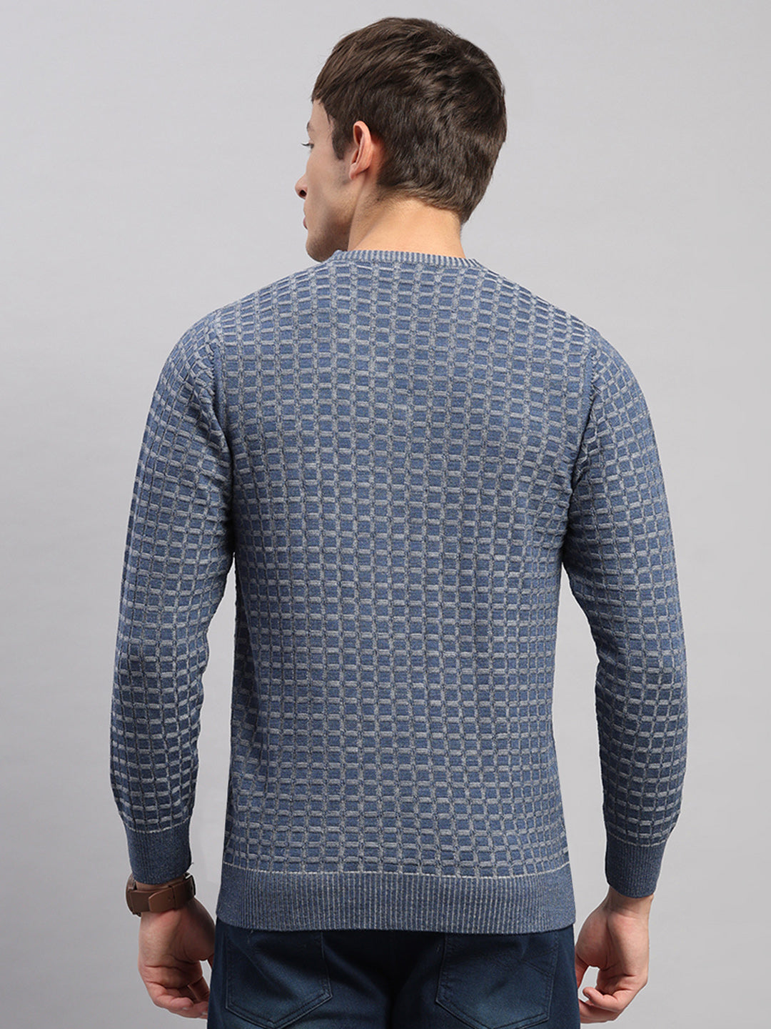 Men Blue Self Design V Neck Full Sleeve Pullover
