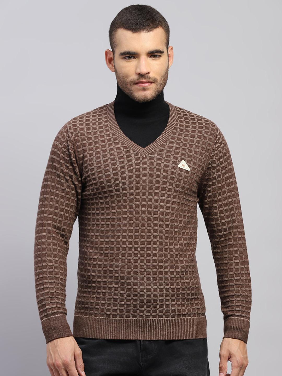 Men Brown Self Design V Neck Full Sleeve Pullover