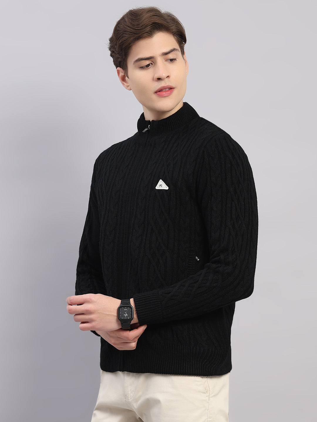 Men Black Self Design Round Neck Full Sleeve Jacket