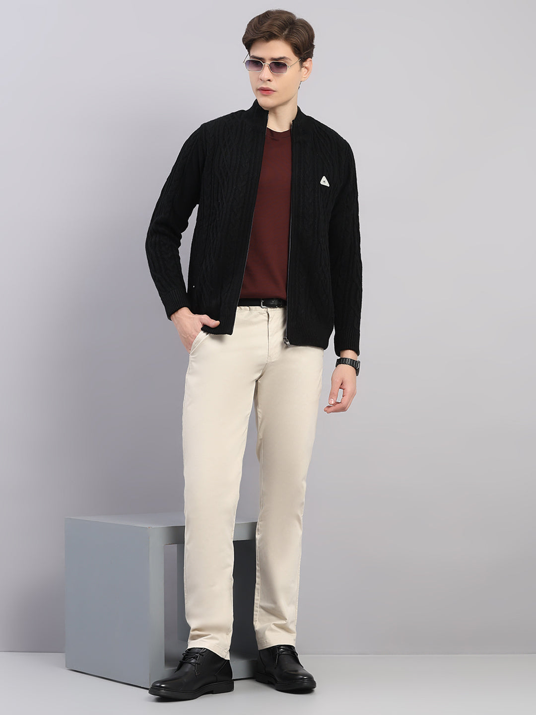 Men Black Self Design Round Neck Full Sleeve Jacket
