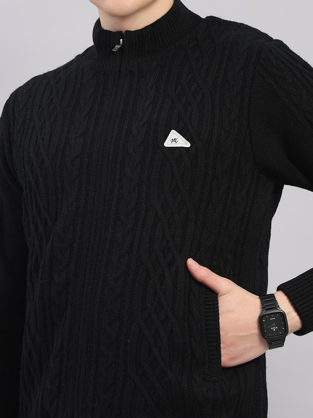 Men Black Self Design Round Neck Full Sleeve Jacket