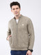 Men Beige Self Design Mock Neck Full Sleeve Jacket