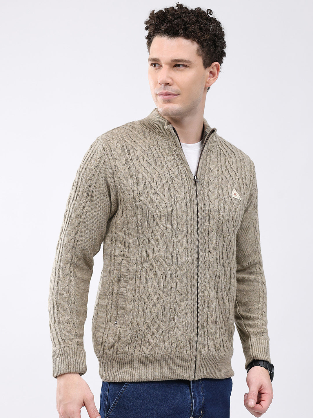 Men Beige Self Design Mock Neck Full Sleeve Jacket