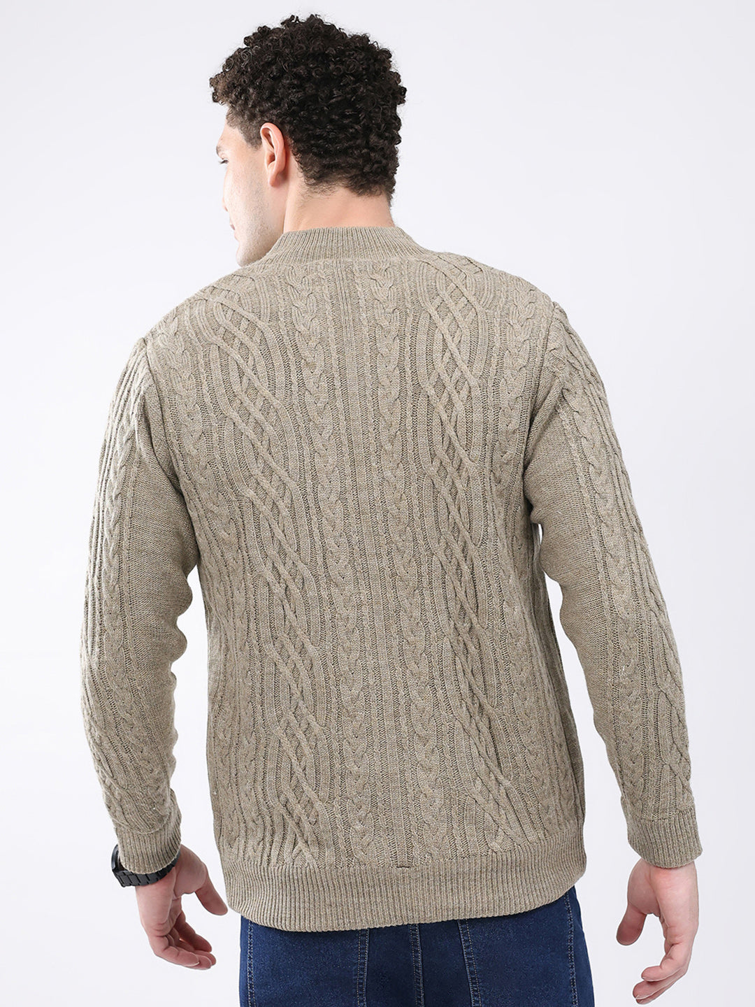 Men Beige Self Design Mock Neck Full Sleeve Jacket