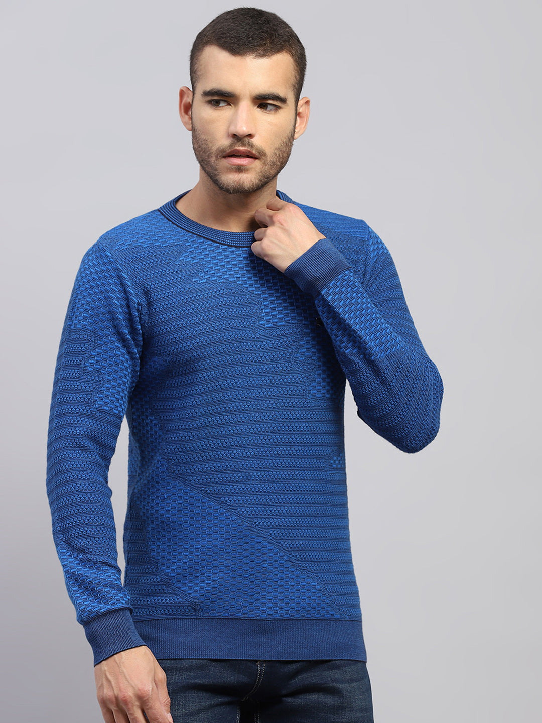 Men Blue Self Design Round Neck Full Sleeve Pullover